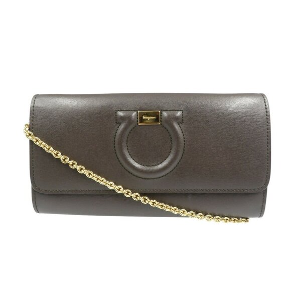 SALVATORE FERRAGAMO Dark Brown Leather Chain Wallet Long 1394 - Picture 1 of 8